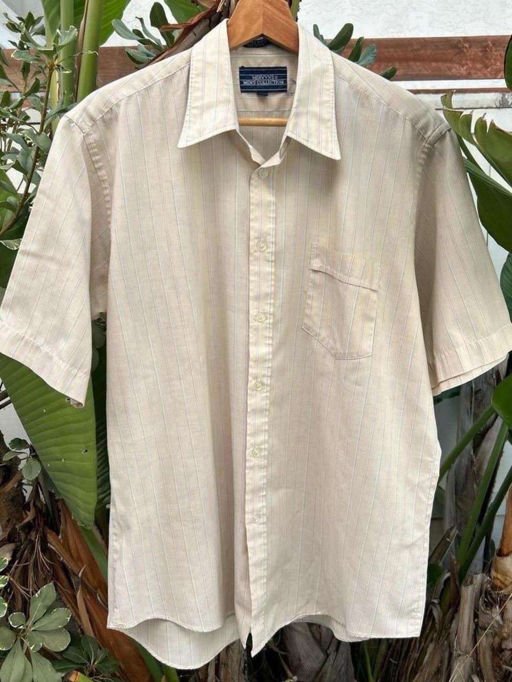 Vintage 90s Mervyn’s Men’s Collection Cream Striped Short Sleeve Shirt Size 16